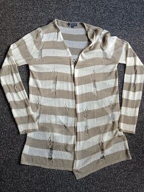 Zombie Grunge Pol Tan & Cream Striped Distressed Open Cardigan, Medium